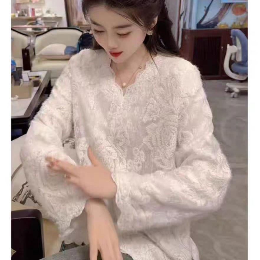 

Женская кружевная рубашка с V-образным вырезом - жаккардовая вышивка, на флисовой подкладке для осени/зимы, топ-базовый слой с длинным рукавом в национальном стиле L (111–120 pounds)