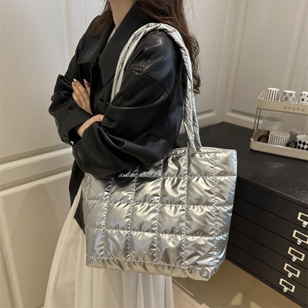 Casual Solid Color Shoulder Bags Large Capacity Down Cotton Padded Quilted Tote Bag Underarm Bags Women Girls