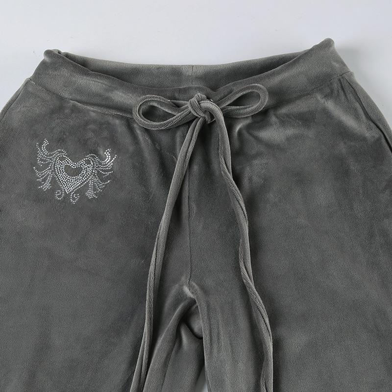Retro Rhinestone Flared Pants Lace-up Casual Bottoms