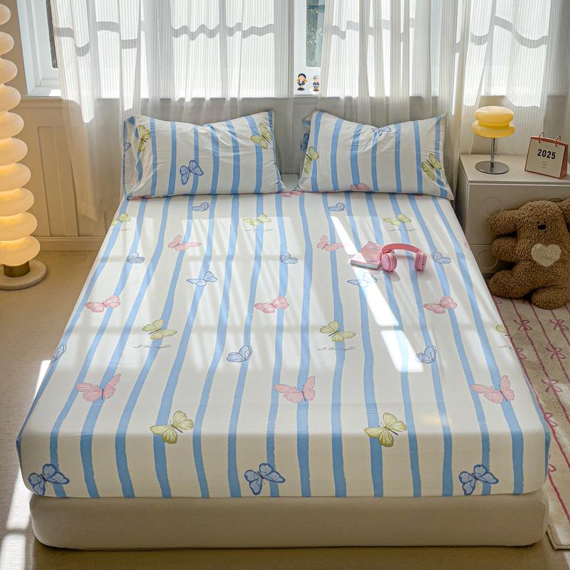 Washed Cotton Fitted Sheet with Elastic Bands Non Slip Adjustable Mattress Cover Printed  Pure Cotton  for Double King Queen