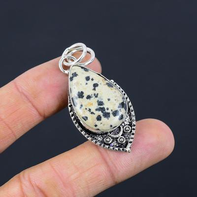 Memorial Day Deal Natural Dalmatian Jasper Sterling Silver Art Deco Wife Pendant