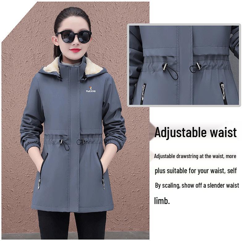 Women's Mid-length Hooded Windproof Fleece-Lined Jacket - Autumn/Winter 2025 Style