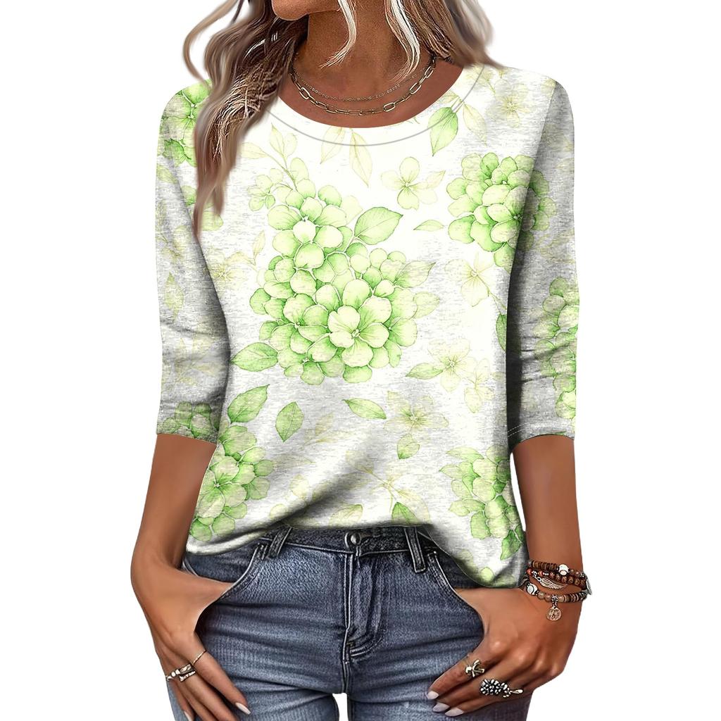 Womens Casual Three Quarter Sleeve Floral Print Crew Neck Top Relaxed Fit Lightweight Pullover Blouse for Daily Wear