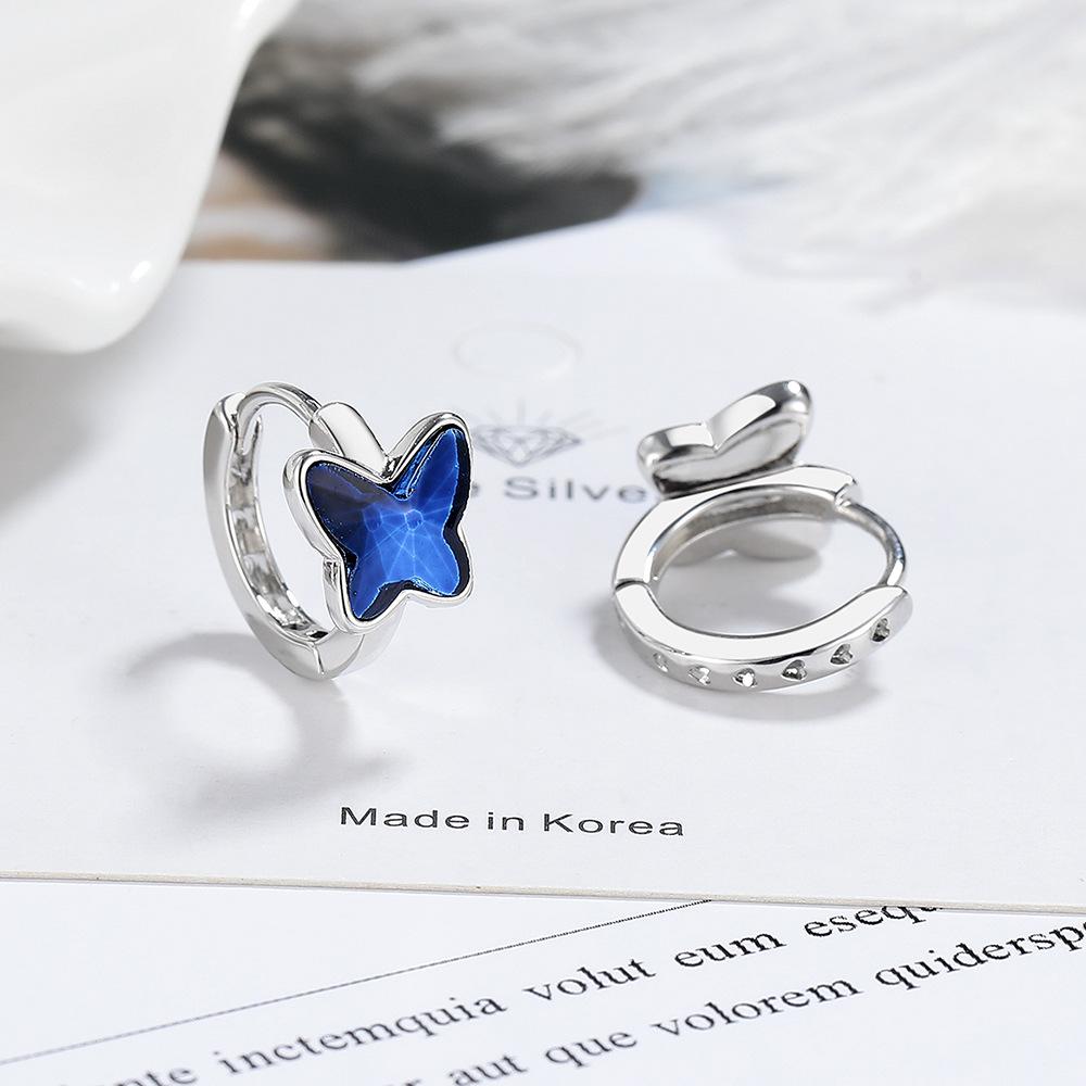 Fashion 925 Sterling Silver Blue Crystal Zircon Cute Butterfly Earring for Women Girl Women Wedding Earring Jewelry Gift