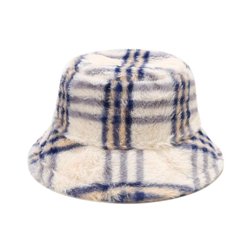 Autumn and Winter New Fisherman's Hat Women's European and American Plaid Pattern Fluffy Basin Hat Outdoor Thermal Visor Tide