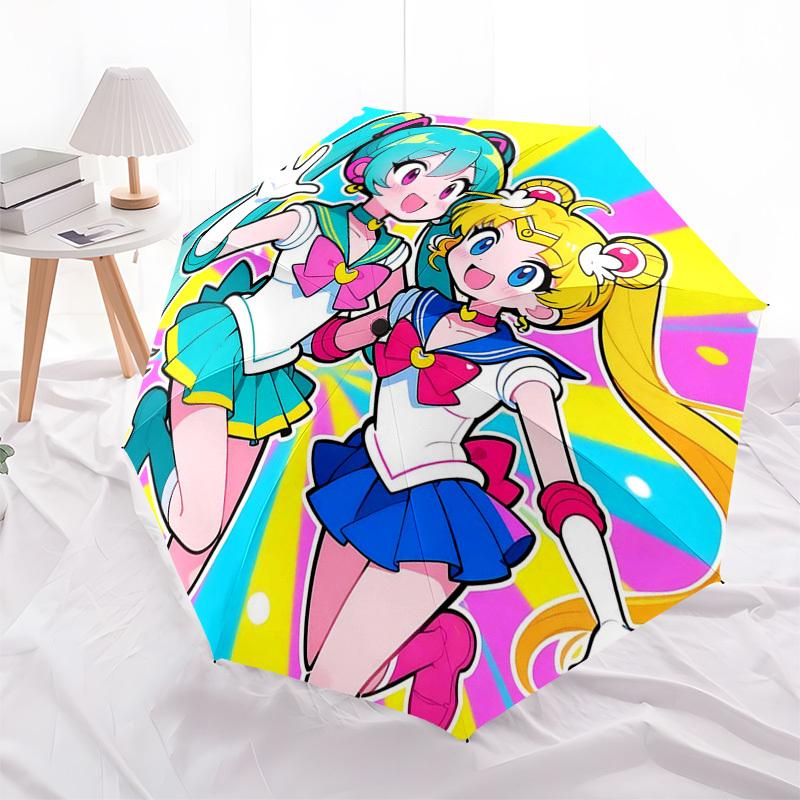 

1pc Sailor Moon & Hatsune Miku Collaboration Automatic Opening Closing Umbrella with Portable Tri-Fold Design, 8-Bone Iron Frame, Outdoor, Ideal Gift