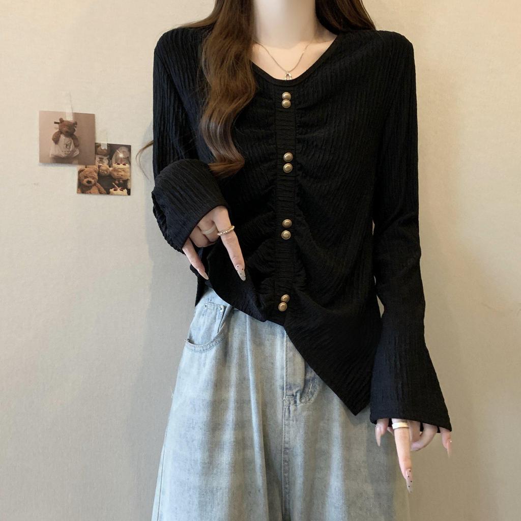Women's Plus Size Irregular V-Neck Long Sleeve Knit Top - Slimming Slit Design for Spring and Autumn 2026