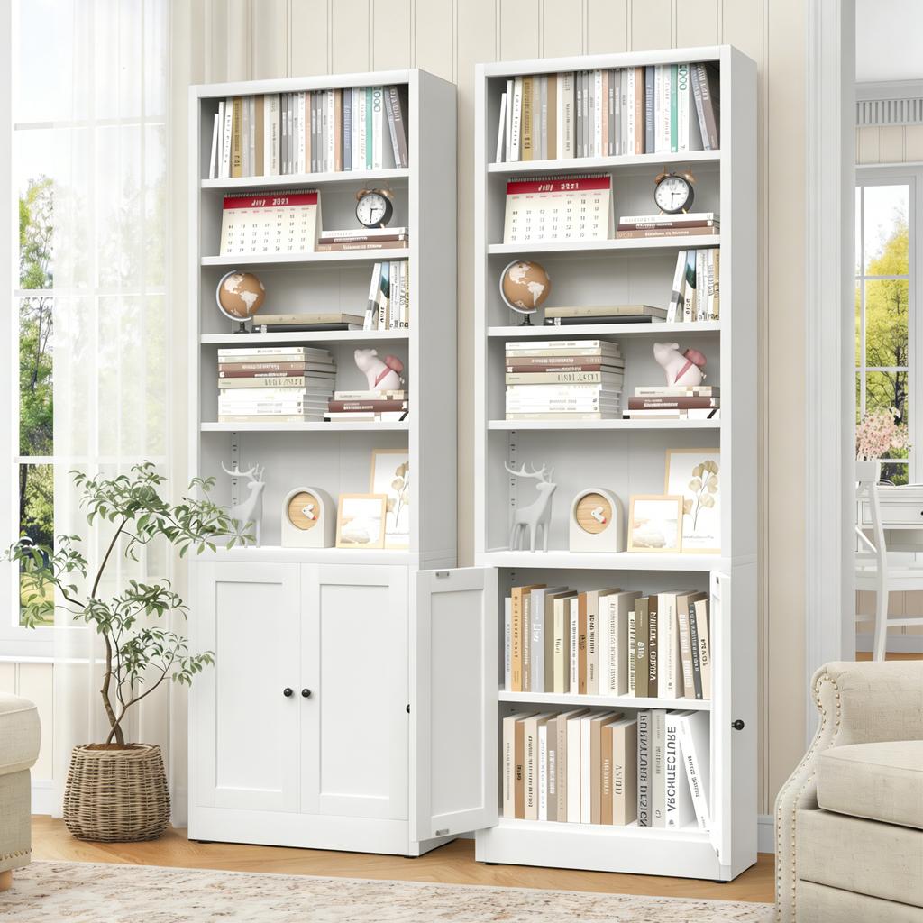 Metal Bookshelf with 5 Levels and Door, Industrial White, Adjustable Shelves, Dimensions H 180 x W 60 x D 23.6 cm, for Living Room, Office and Library