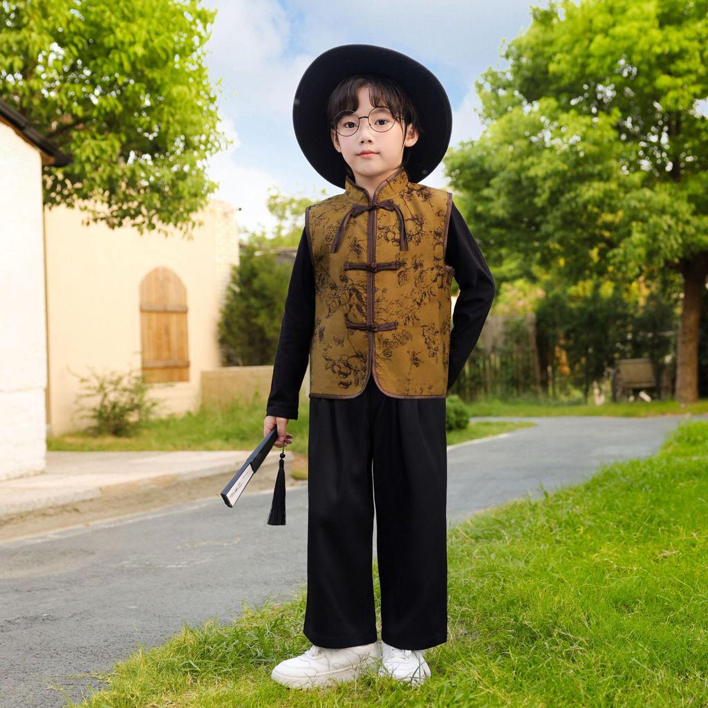 Stand Collar Boys' Vest Set: Pan Buckle Hanfu Jacquard Tang Suit Style