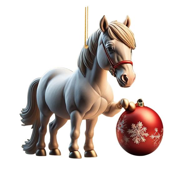 Horse Christmas Ornament Cartoon 2D Flat Horse Hanging Ornament with Santa Hat And Christmas Balls Acrylic Car Rear View Mirror Charm