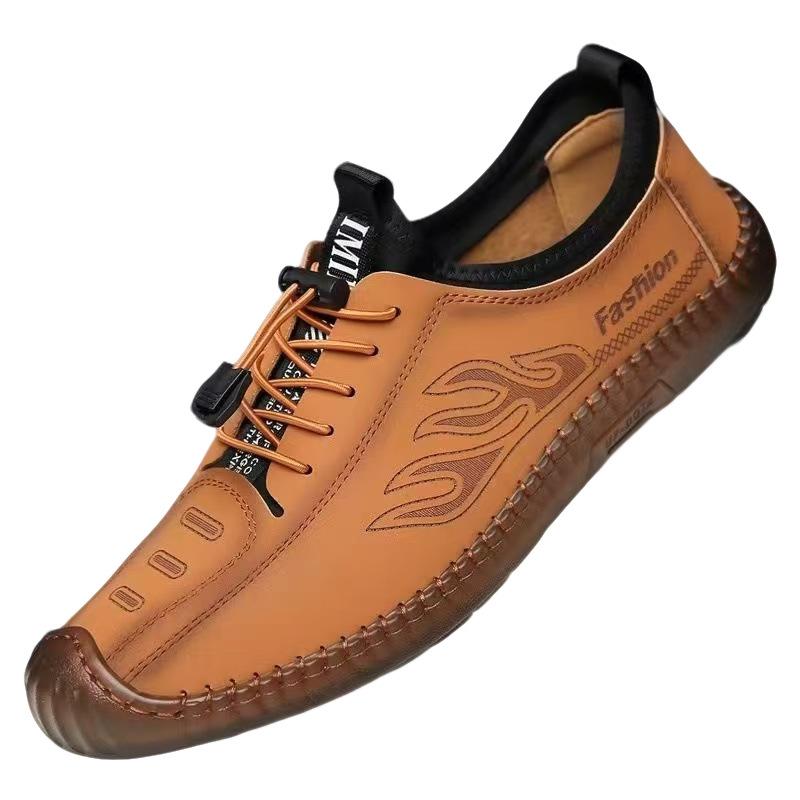 Men's Shoes Spring and Autumn Beef Tendon Sole Lazy Shoes Soft Sole Soft Surface Lace-up Casual Leather Shoes Comfortable Doudou Shoes