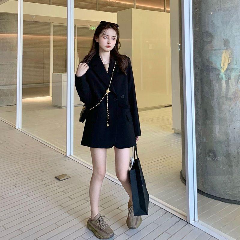 Fashion Krean Loose Green Blazer for Women with Belt Buttons Loose Black Coat