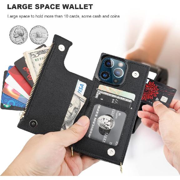 Bocasal Crossbody Wallet Case for iPhone 13 Pro with RFID Blocking Card Slot Holder, Magnetic Flip Folio Purse Case, PU Leather Zipper Handbag with