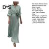 Women Dress Lapel V-Neck Long Sleeve Lace-up High Waist Long Dress Solid Color Pleated Hem Shirt Dress