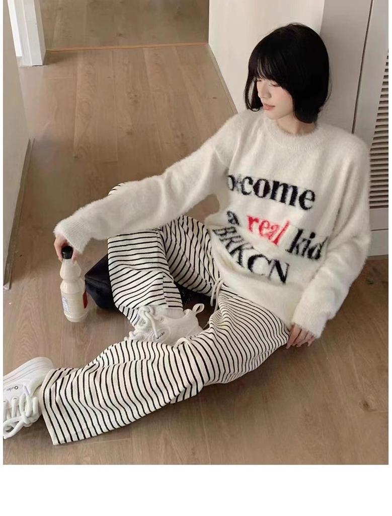 Women's Black and White Striped Terry Pants: High-Waist, Loose, Wide-Leg, Casual Fleece, Spring/Autumn 2025.