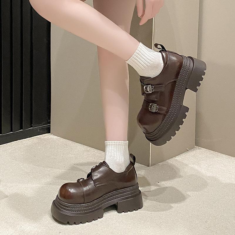 Spring New Wear British Style Small Leather Shoes Mary Jane Women's Coarse Heel Thick Soled Height Increasing Le Fu Shoes