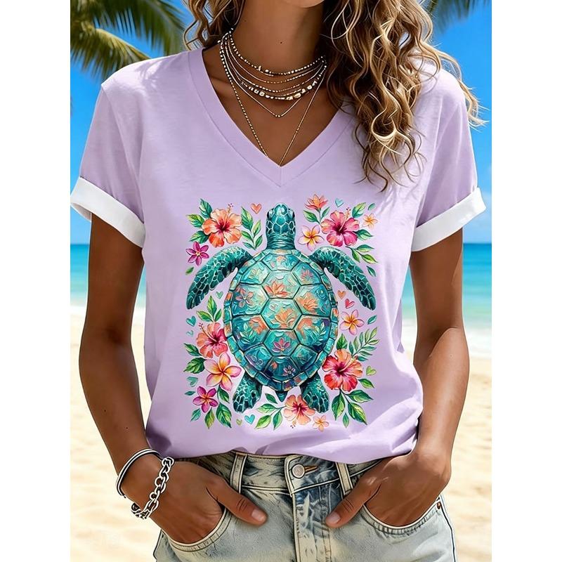 

Women s Vintage Sea Turtle Graphic V Neck T Shirt, Short Sleeve Daily Casual Tops, Multi-color Outfit for Spring & Summer S