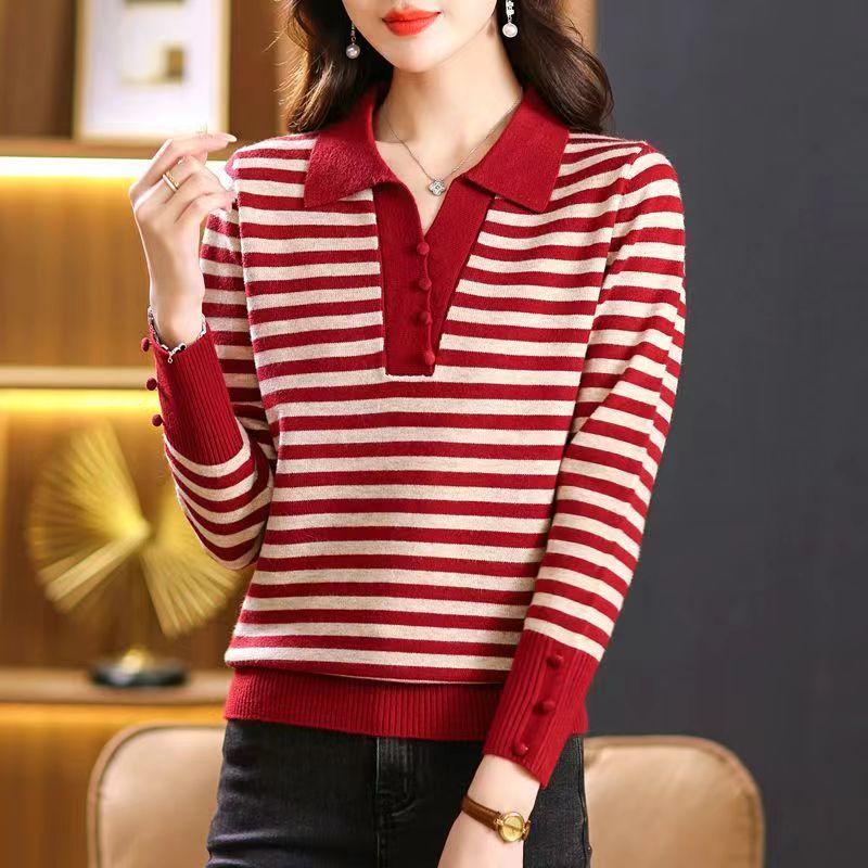 

Женский вязаный свитер осень/зима с воротником-лацкан, свободная рубашка со свободным низом, стильная полосатая рубашка со низом 3XL красный