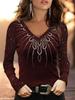 Women's Plus Size Slim Fit V-neck Printed Long Sleeve T-shirt Base Shirt