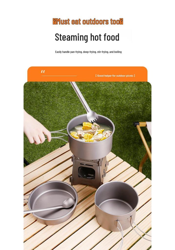 Lightweight Pure Titanium Camping Cookware: Folding Pot, Soup Pot, Tableware, and Multi-Purpose Frying Pan