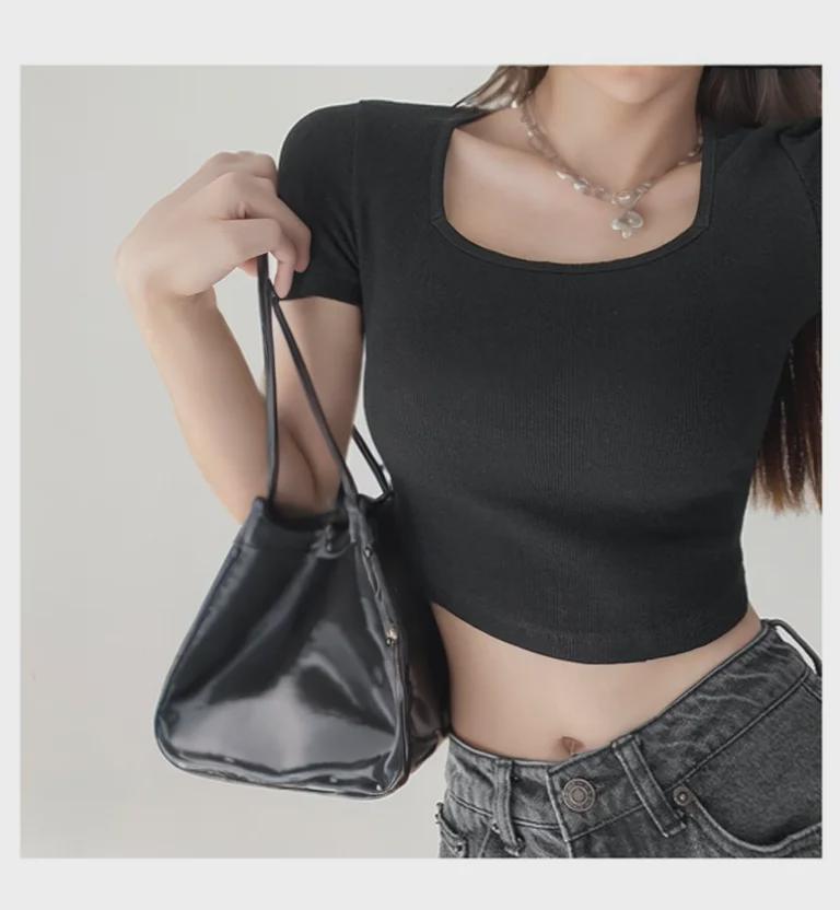 Women's Korean Style Slim Fit Wide U-Neck Crop Top - Solid Color, Short Sleeve, Oversized, Summer Layer.