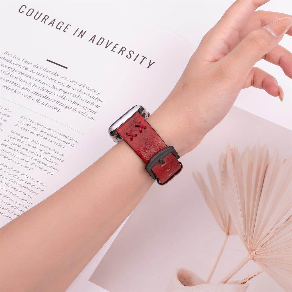 Watch Strap for Apple Watch Series 10 Ultra 9 8 7 SE 6 5 4 3 2 1 46mm 49mm 45mm 44mm 42mm Hand Stitched Lines Genuine Cow Leather Band