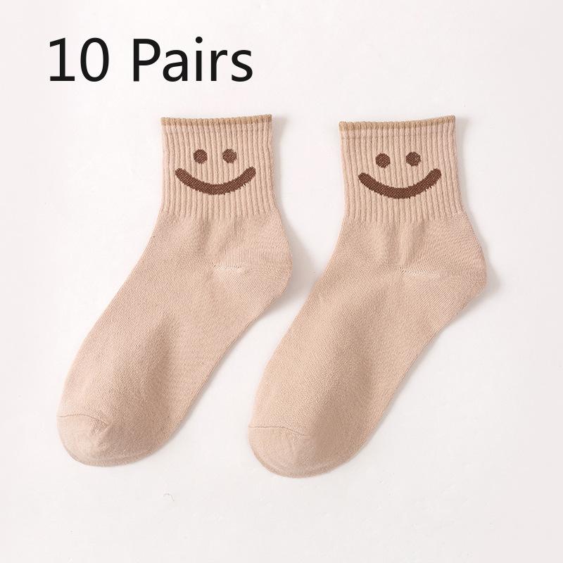 10 Pairs of Ladies Casual Cartoon Cute Smiling Face Cotton Mid Tube Socks