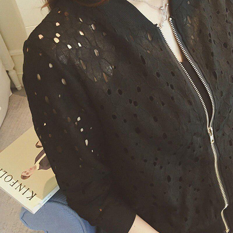 Korean Stylish Thin Long Sleeve Lace Hollow Out Jackets for Female Anti-UV Short Outwear White Bomber Women Clothing