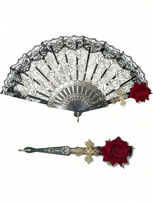 Vintage španělský skládací vějíř, krajková výzdoba s flamencovou růží, elegantní černý dámský ruční vějíř, vhodný pro dámské večírky, svatby