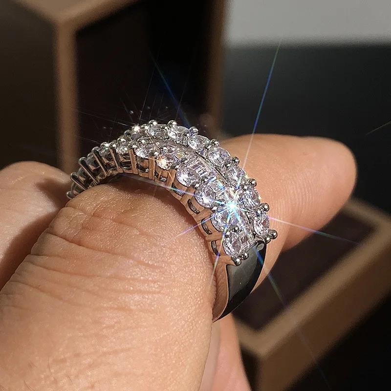 Modische Damenringe Sterling Silber Quadrat Zirkonia Zweireihig Eingelegt Zirkonia Ringe für Frauen Anillos Mujer