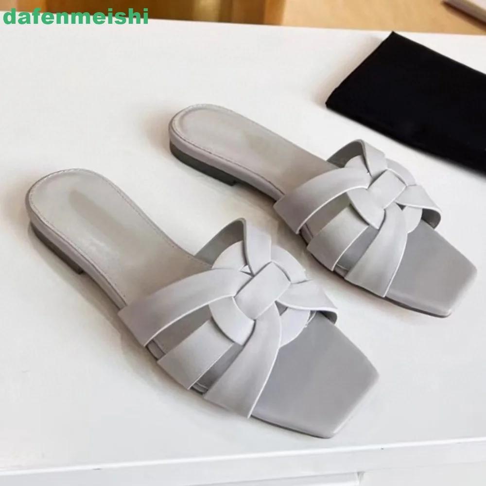 Fashion Cross Genuine Leather Women Slippers Square Toe Slip On Open Toe Flat Sandals Patent Leather Fashion 2025 Summer Sandal Slides