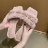 French Bow Square Head Fluffy Slippers Women's Outer Wear 2025 New Autumn Indoor Flat One-word Cotton Slippers