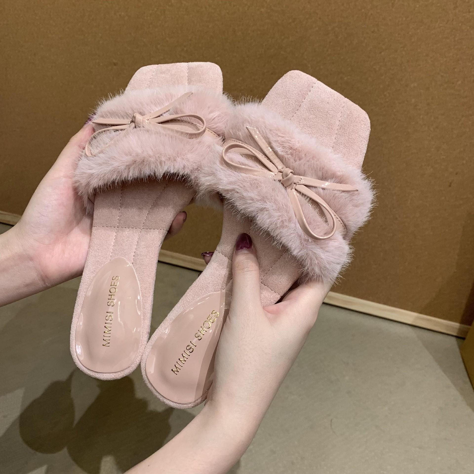 

French bow square head fluffy slippers women s outer wear 2025 new autumn indoor flat one-word cotton slippers 40 розовый