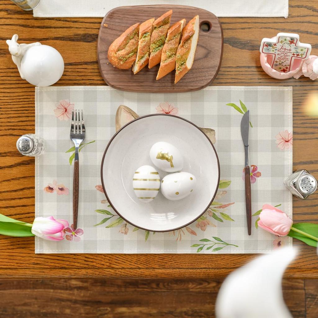 Bunny Rabbit Ears Buffalo Plaid Flower Easter Placemats Set of 6, 12x18 Inch Seasonal Spring Table Mats for Party Kitchen Dining Decoration