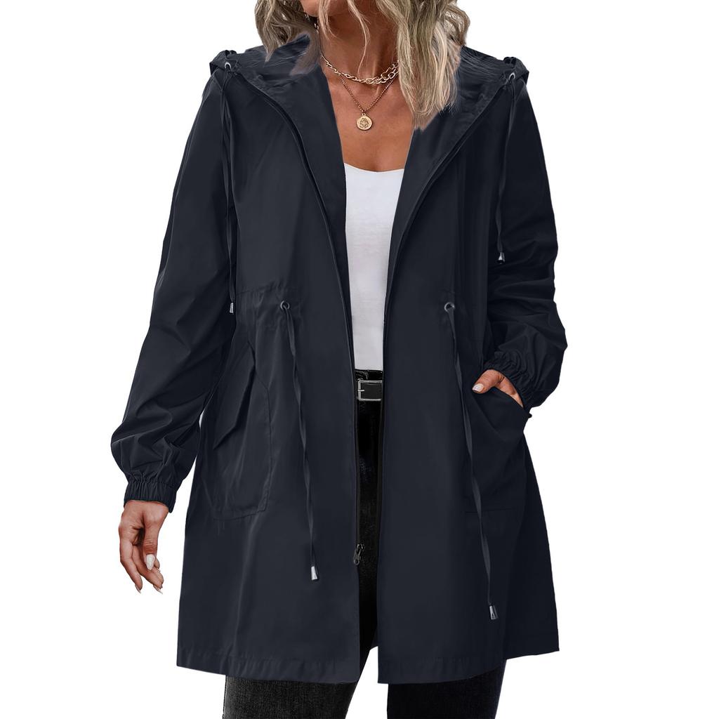 Leichte Kapuzenjacke für Damen, lässiger Tunnelzug in der Taille, Windbreaker-Mantel mit Taschen für Outdoor-Reisen
