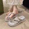 Women's Wedge Slippers Bow Rhinestones Waterproof Table Shoes for Women Dress Seaside Fairy Style  Zapatillas De Mujer