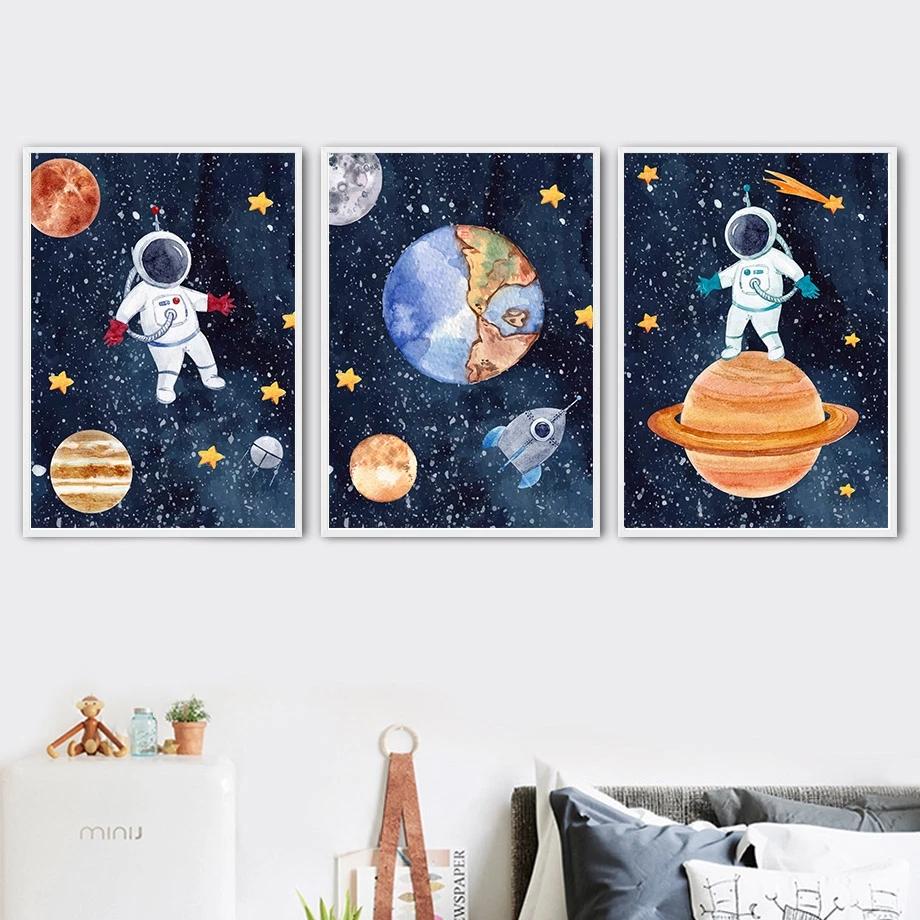 Custom Kids Name Wall Art Poster Print Space Rocket Astronaut Planet Nursery Canvas Painting Personalized Wall Art Painting Art