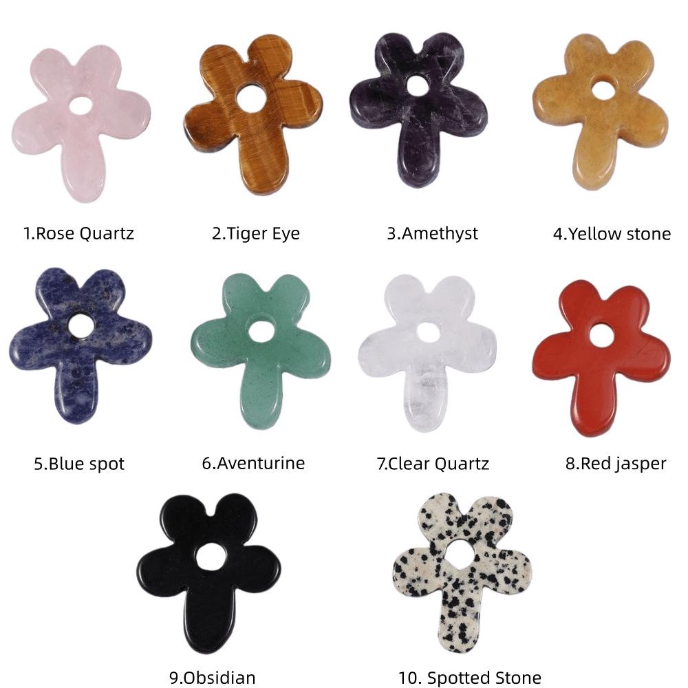 Purple Pink White Crystal Agate Tiger Eye Carved Five-Petal Flower Pendant Necklace