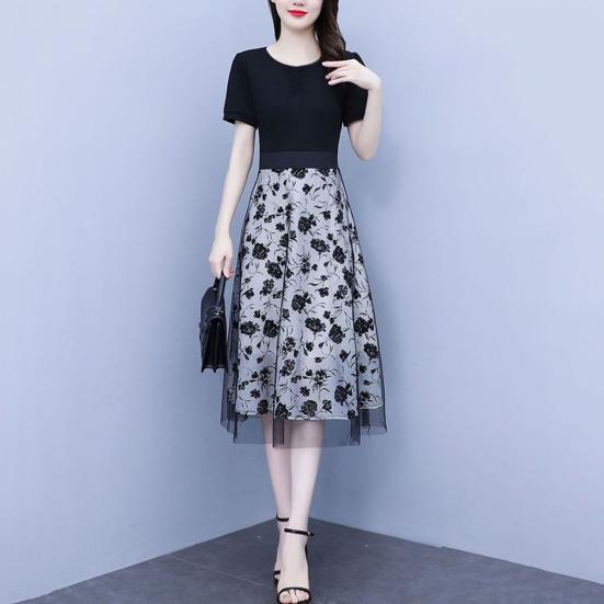 Women Midi Dress Flower Printed Fake Two Piece Mesh Bow-knot Tight Waist Dating Short Sleeves O Neck Lady Party Summer Dress Female Clothes