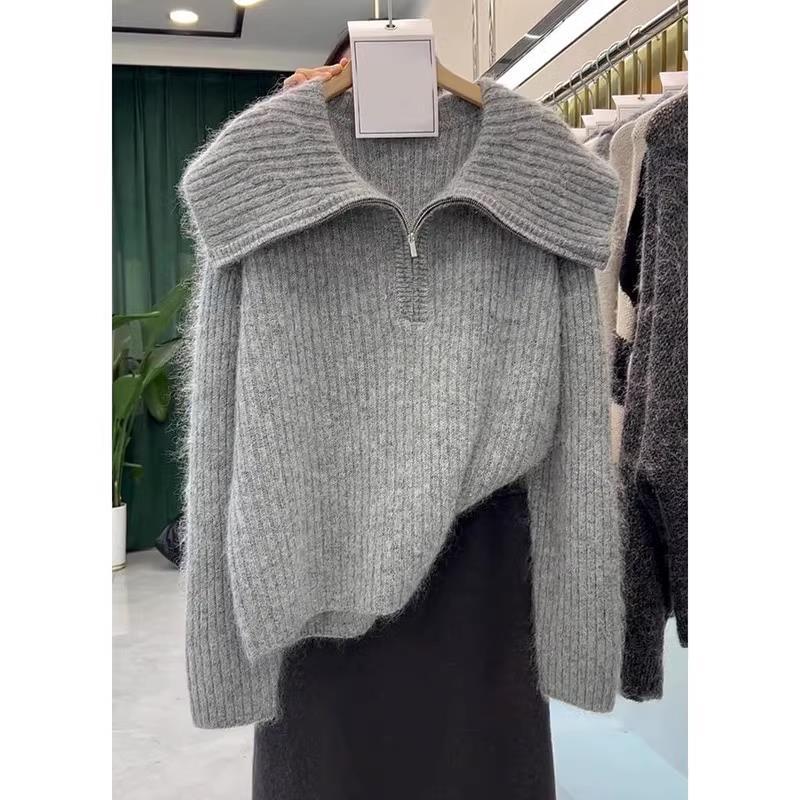 Women's Oversized Knitted Sweater with Large Lapel - Winter 2025 Long Sleeve Plus Size