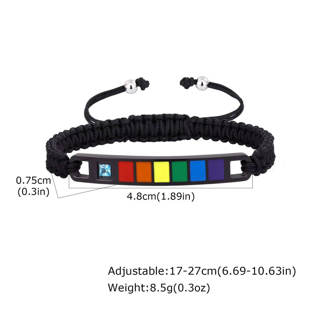 Vnox Rainbow Pride Adjustable Bracelet, Stainless Steel Bar with Zircon, Nylon Woven Bracelet for LGBTQ Gay Lesbian Jewelry Gift