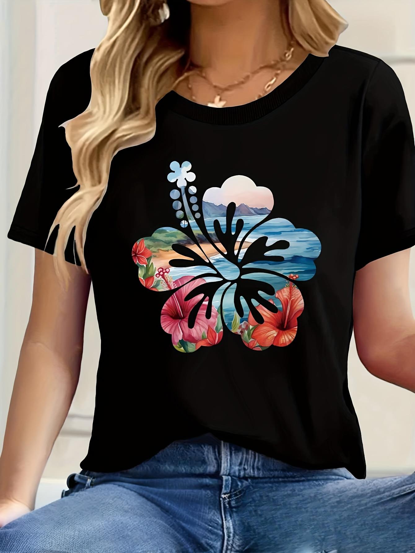 WomenS Tropical Floral Hawaiian Hibiscus Print TShirt with Vibrant Multicolor Hibiscus Palm Leaf Design Aesthetic Clothes S