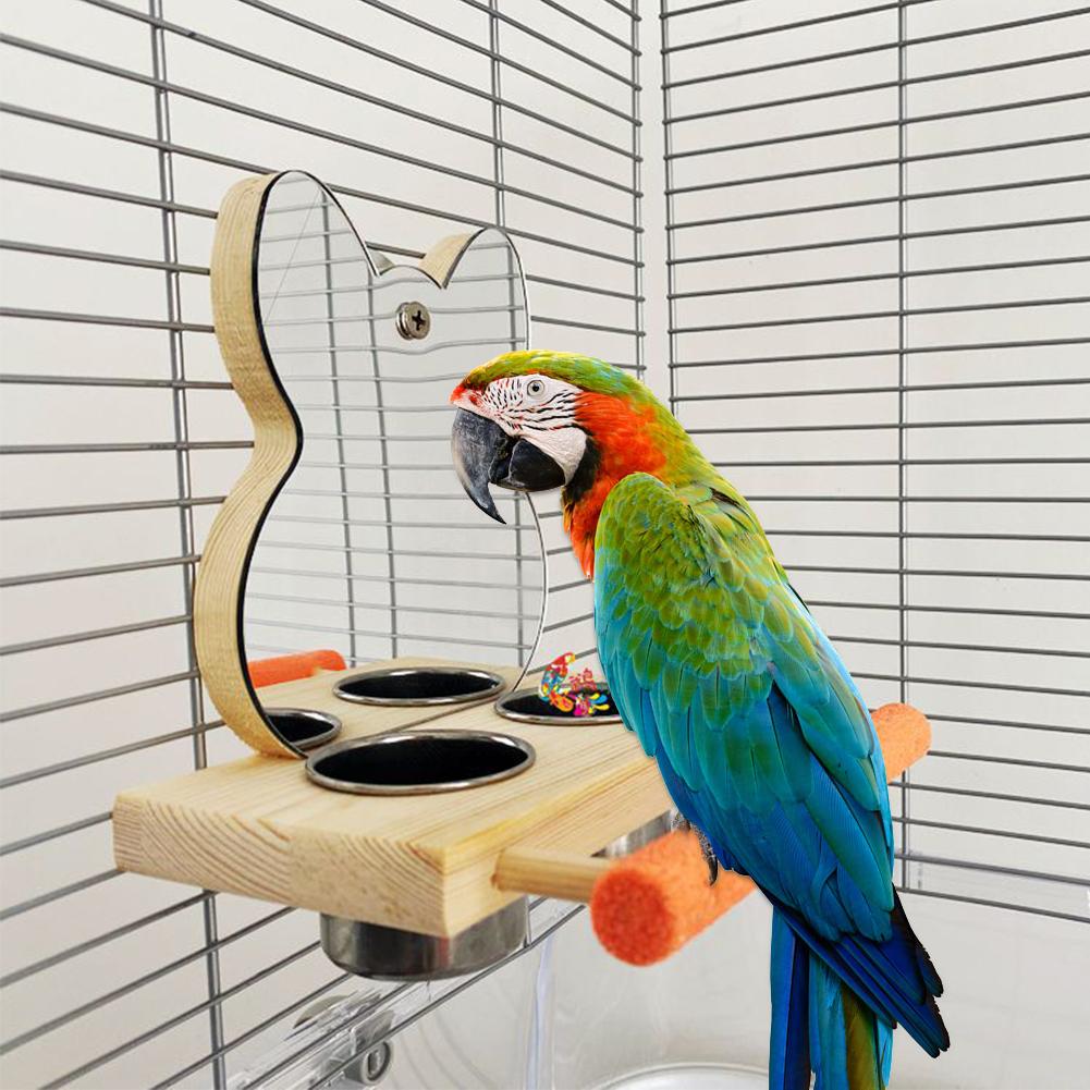 Kolip Parrots Mirror With Feeder Cups Bowl Wooden Birds Interactive Self-happy Toy Puzzle Toy As The Picture