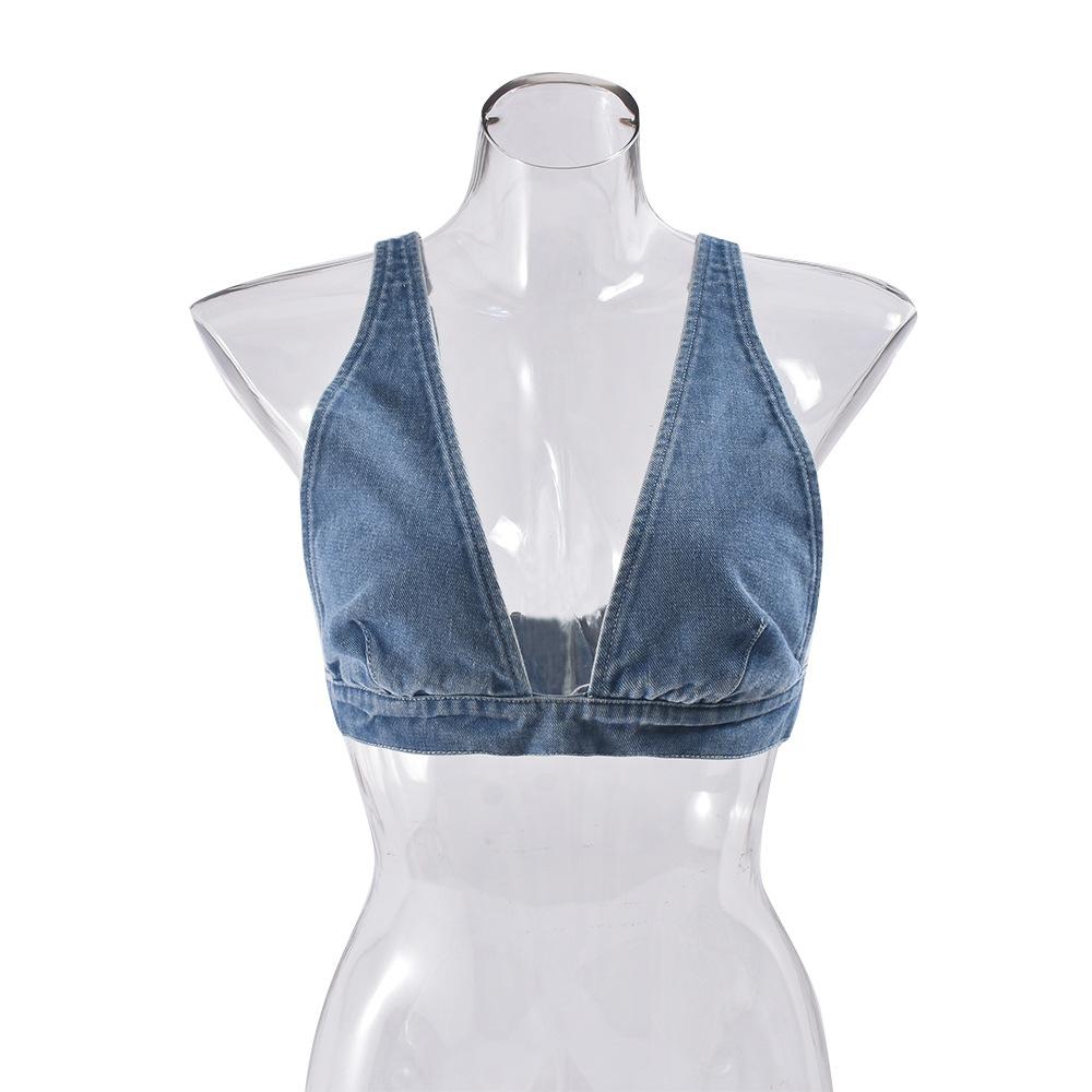European and American women's clothing summer new denim washing water sexy vest back buckle, top