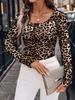 Camiseta casual de manga larga para mujer con estampado de leopardo, botones, corte slim, para primavera y otoño