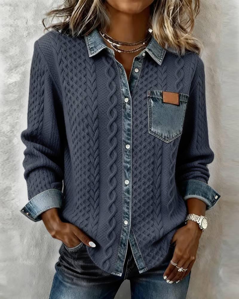2025 European Style Women's Knit Patchwork Denim Cardigan - Versatile Long Sleeve for Autumn/Winter Fashion.