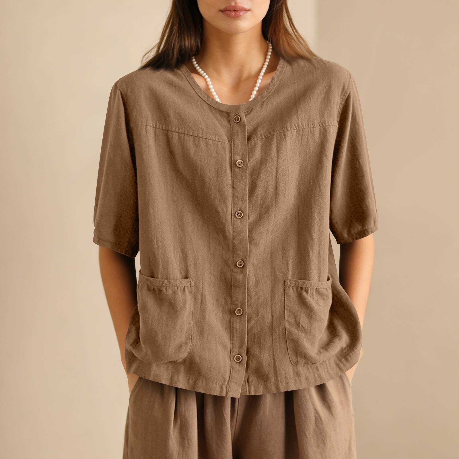 

Women s Vintage Oversized Literary Cardigan Cotton-Linen Blend With Pockets Single Breasted Button Up Short Sleeve Top With Elegant Appeal XXXL хакі