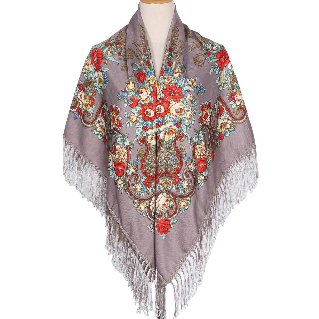 130*130cm Women Luxury Floral Print Square Scarves Russian National Fringed Shawl Traditional Ukrainian Babushka Head Wraps
