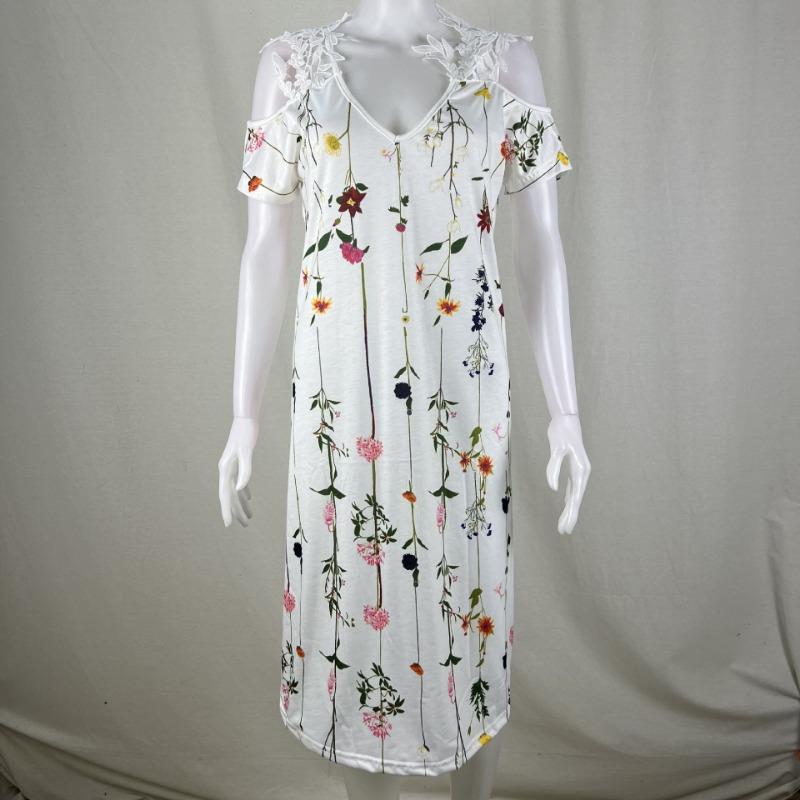 Vestido de Verano con Hombros Descubiertos de Encaje y Manga Corta Nuevo Estampado Holgado Casual Vestidos de Fiesta Moda Femenina Elegante Línea A Talla Grande Ropa Dulce