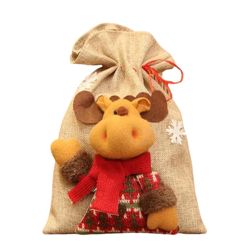 Large Christmas Linen Drawstring Gift Bag Candy Snack Packaging Bag New Year Holiday Cartoon Apple Stocking Christmas Decoration